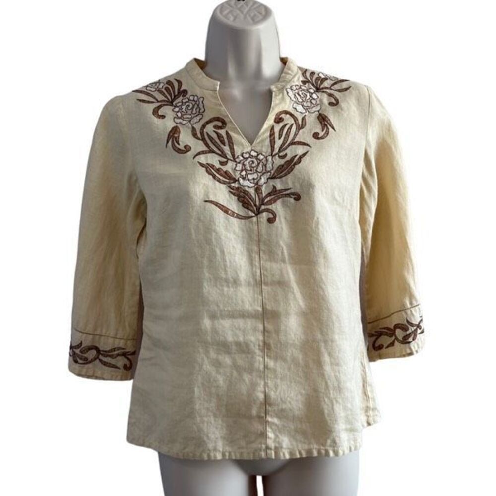 White Lily cream brown embroidered vintage linen blouse